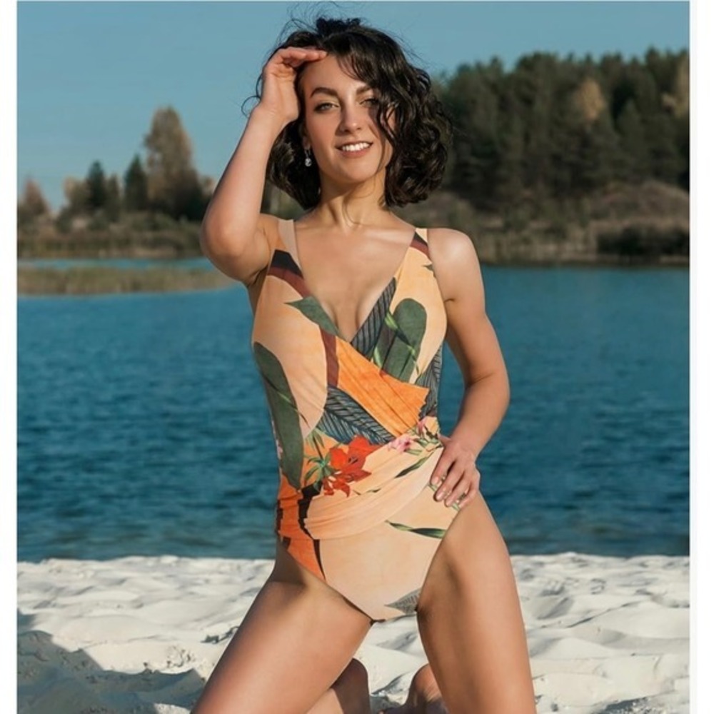 IDOPIP Floral One Piece Swimsuit Padded Wrap Front Tropical Print Beachwear M